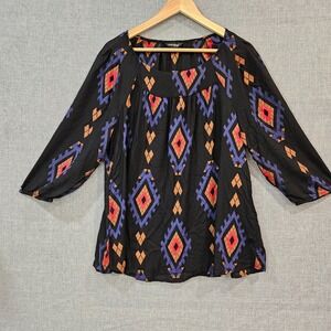 Lucky Brand Womens 1X Peasant‎ Top Black Geometric Aztec Flowy